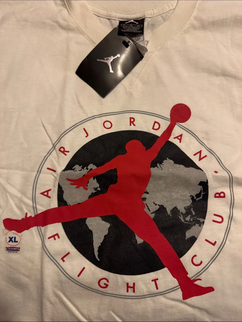Jordan White Short Sleeve Tee with Red Jumpman Globe Graphic